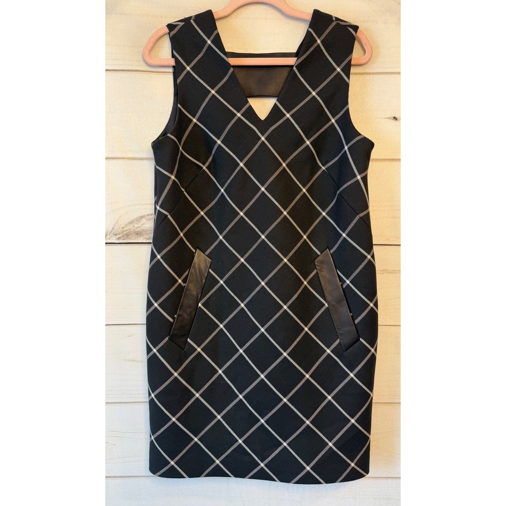 Rag & Bone Black Windowpane Plaid Wool Blend Leather Trim Shift Dress Size 8